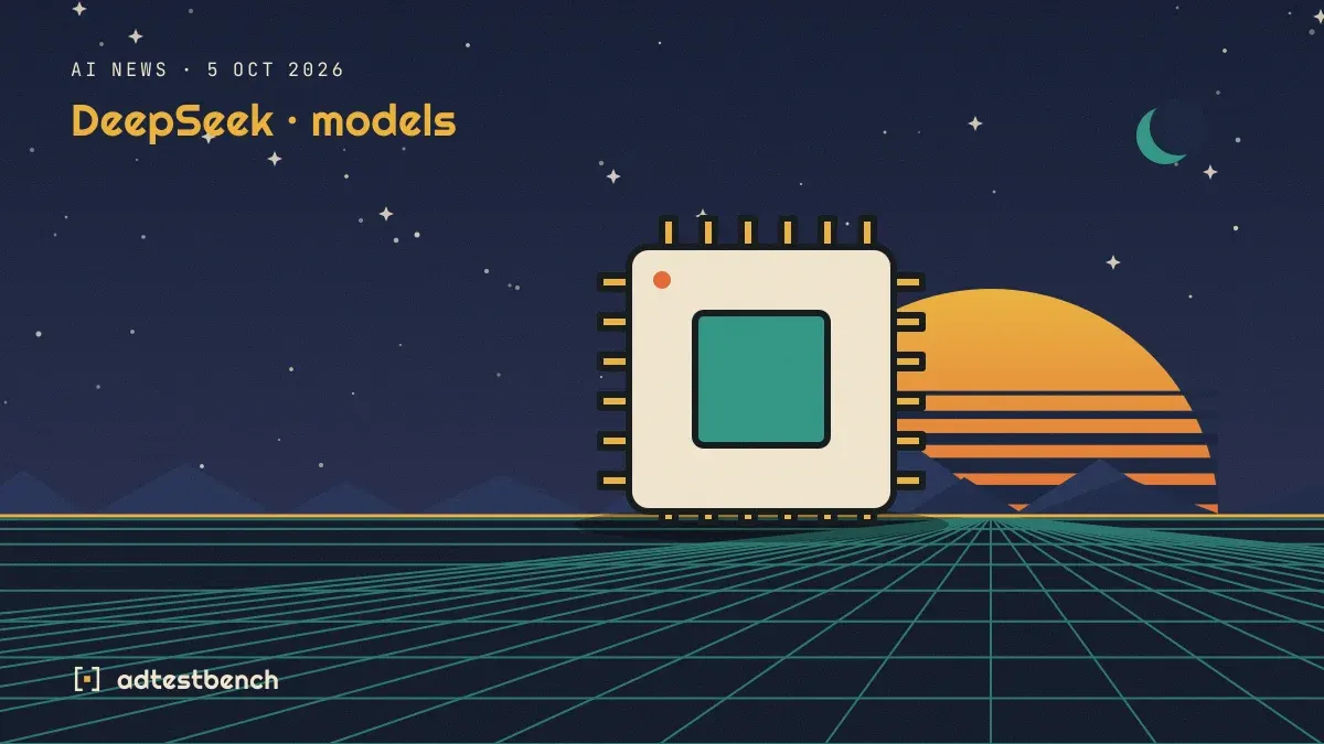 Retro-futurist illustration: a striped sunset over a grid horizon under a starry sky, with a microchip standing on the horizon.