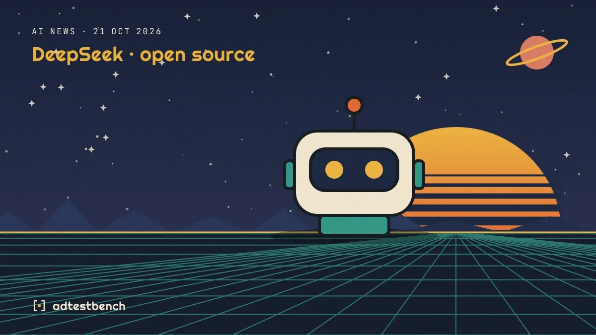 Retro-futurist illustration: a striped sunset over a grid horizon under a starry sky, with a robot motif standing on the horizon.