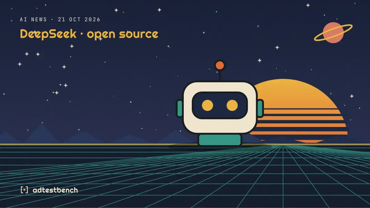 Retro-futurist illustration: a striped sunset over a grid horizon under a starry sky, with a robot motif standing on the horizon.