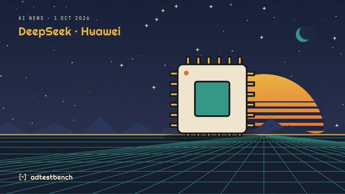Retro-futurist illustration: a striped sunset over a grid horizon under a starry sky, with a microchip standing on the horizon.