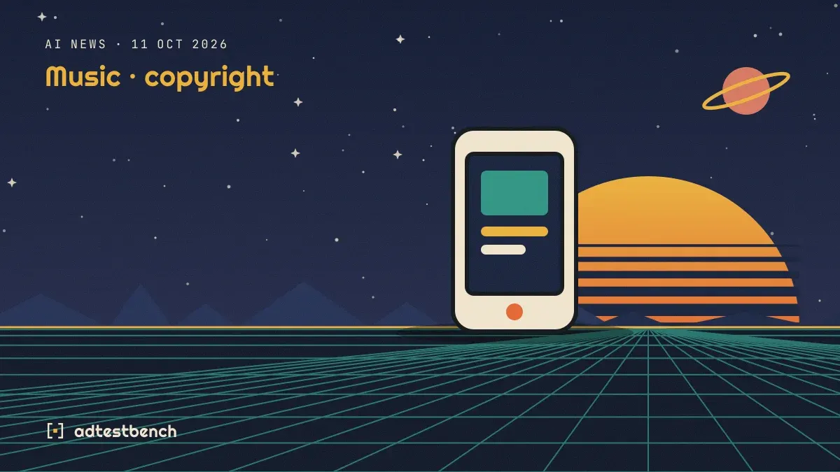 Retro-futurist illustration: a striped sunset over a grid horizon under a starry sky, with a smartphone showing an app standing on the horizon.