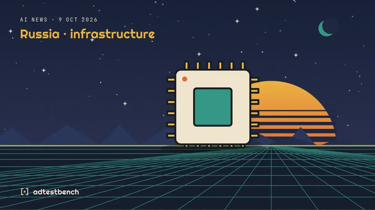 Retro-futurist illustration: a striped sunset over a grid horizon under a starry sky, with a microchip standing on the horizon.