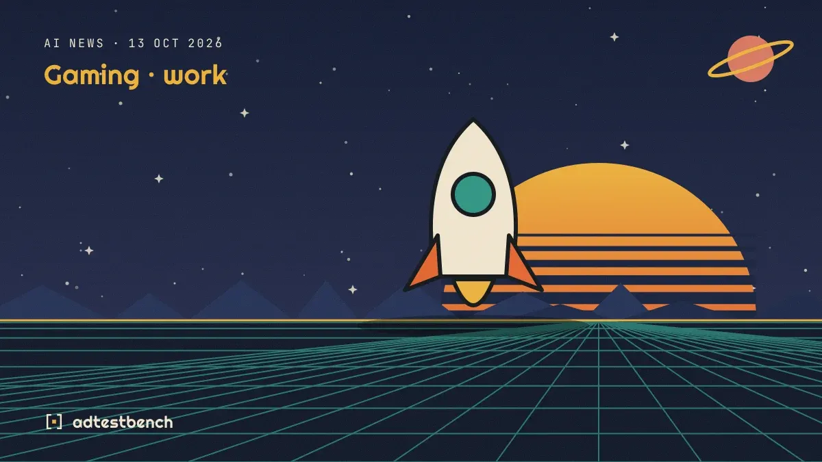 Retro-futurist illustration: a striped sunset over a grid horizon under a starry sky, with a rocket motif standing on the horizon.