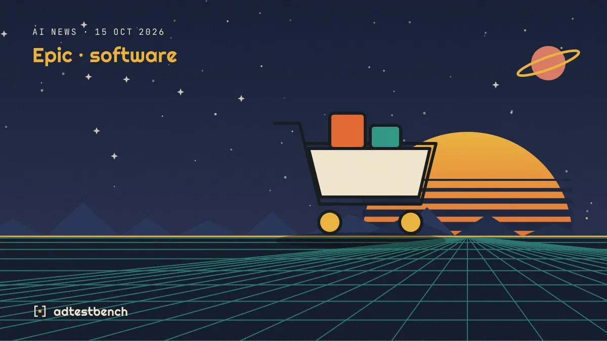 Retro-futurist illustration: a striped sunset over a grid horizon under a starry sky, with a cart motif standing on the horizon.