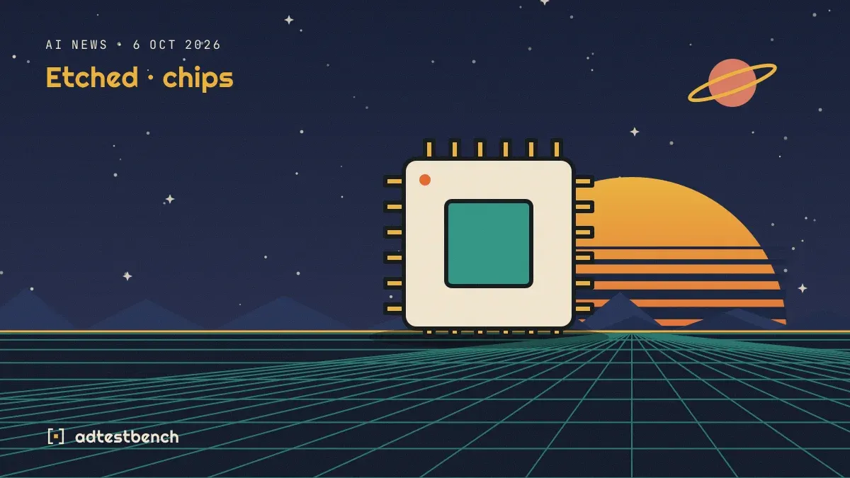 Retro-futurist illustration: a striped sunset over a grid horizon under a starry sky, with a microchip standing on the horizon.