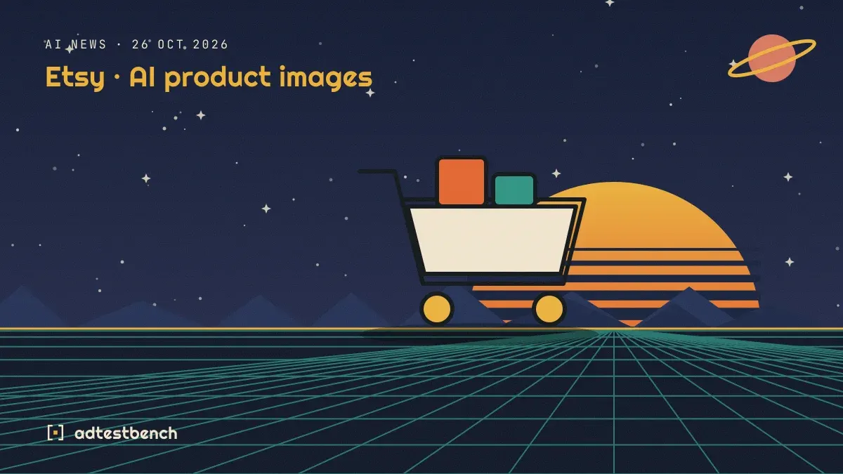 Illustration rétrofuturiste : un coucher de soleil rayé sur un horizon quadrillé, sous un ciel étoilé, avec un caddie sur la ligne d’horizon.