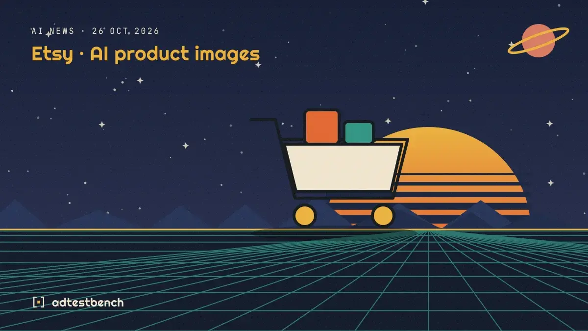 Retrofuturistische Illustration: ein gestreifter Sonnenuntergang über einem Gitterhorizont unter einem Sternenhimmel, auf dem Horizont steht ein Einkaufswagen.