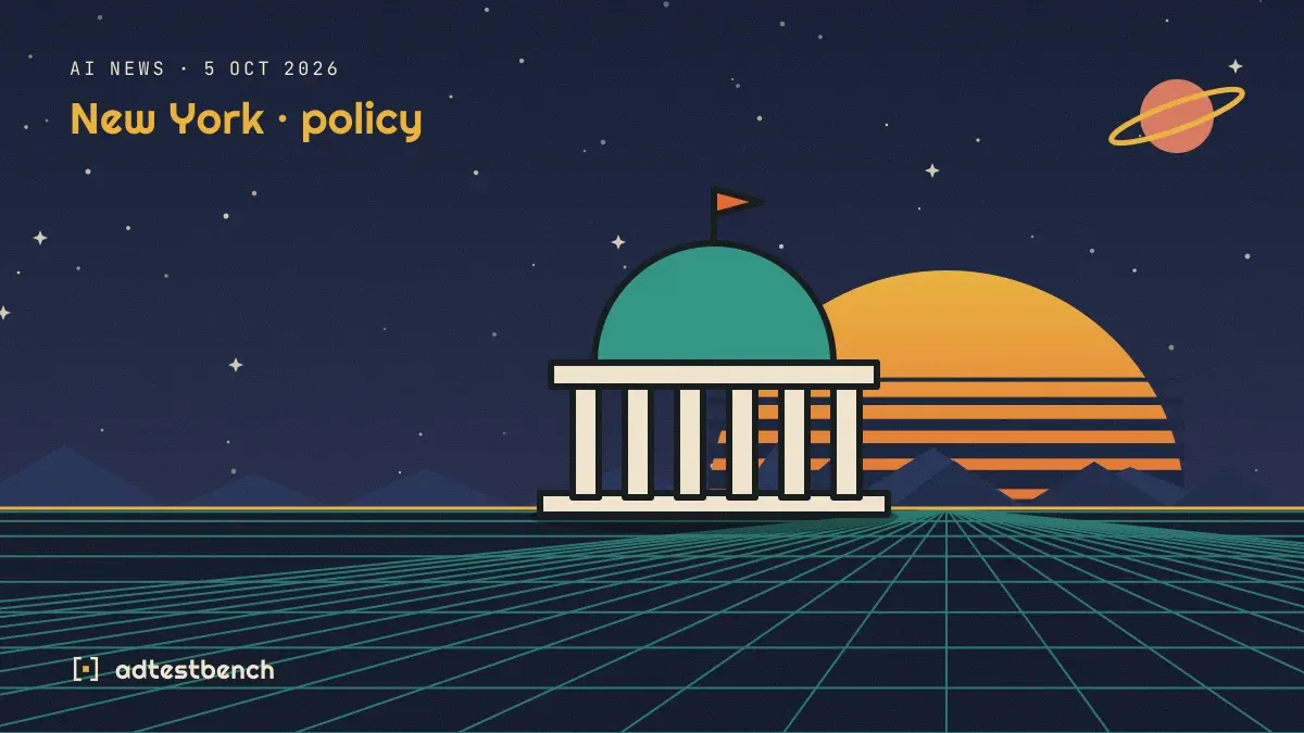 Retro-futurist illustration: a striped sunset over a grid horizon under a starry sky, with a parliament dome standing on the horizon.