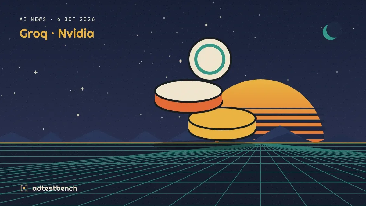 Retro-futurist illustration: a striped sunset over a grid horizon under a starry sky, with a coin standing on the horizon.