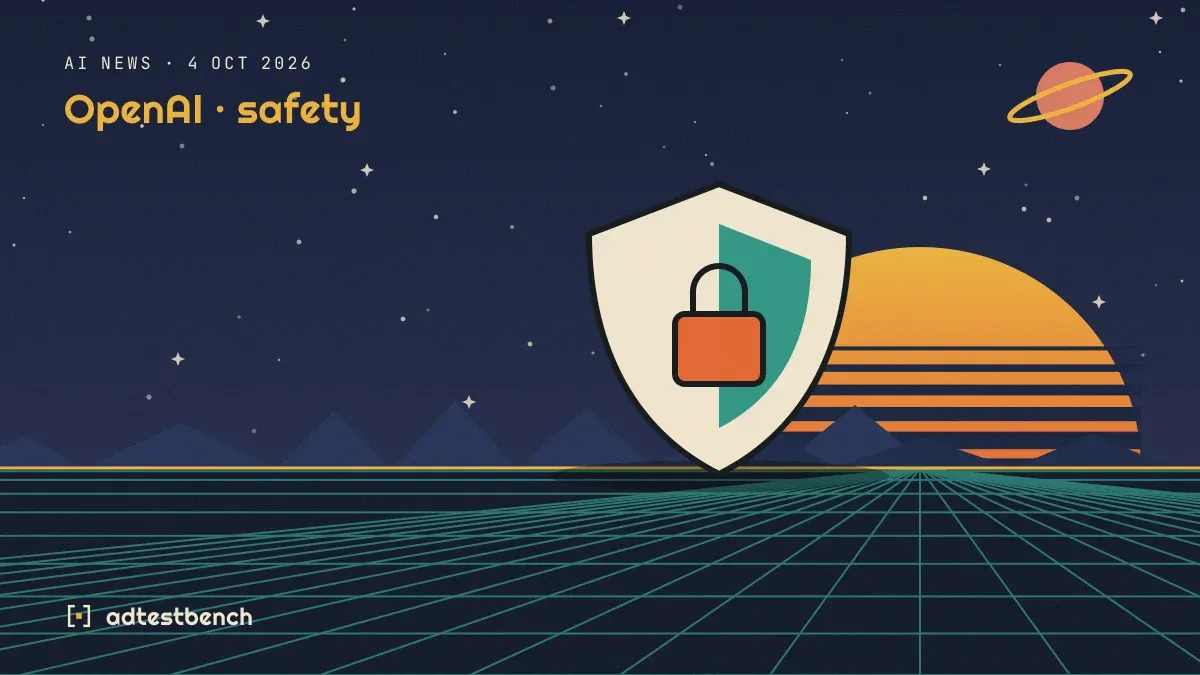 Retro-futurist illustration: a striped sunset over a grid horizon under a starry sky, with a security shield with a padlock standing on the horizon.