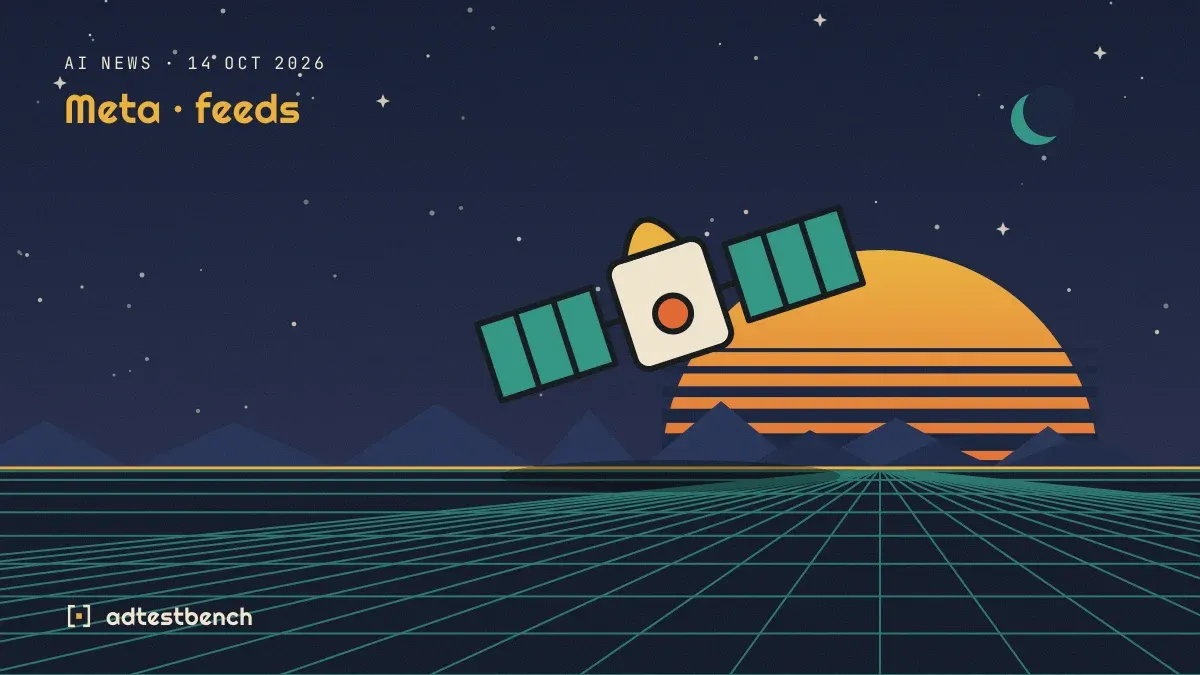 Retro-futurist illustration: a striped sunset over a grid horizon under a starry sky, with a satellite motif standing on the horizon.