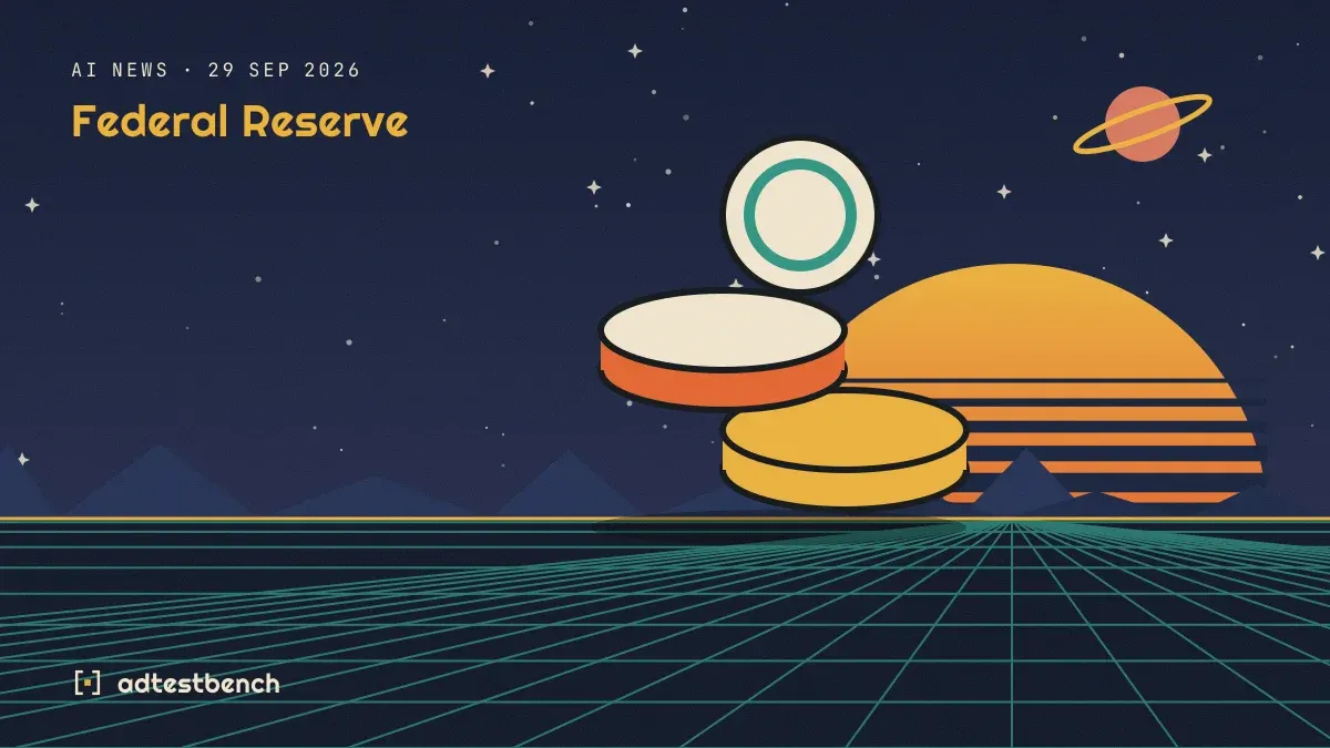 Retro-futurist illustration: a striped sunset over a grid horizon under a starry sky, with stacked coins standing on the horizon.