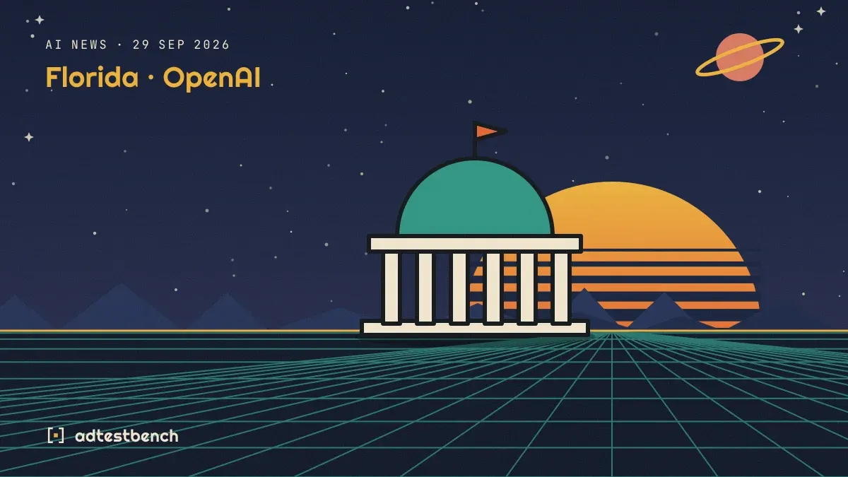 Retro-futurist illustration: a striped sunset over a grid horizon under a starry sky, with a government dome standing on the horizon.