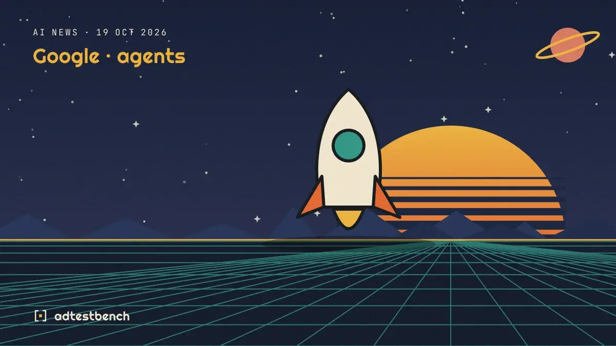 Retro-futurist illustration: a striped sunset over a grid horizon under a starry sky, with a rocket motif standing on the horizon.