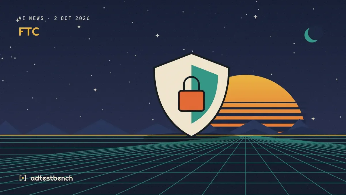 Retro-futurist illustration: a striped sunset over a grid horizon under a starry sky, with a shield standing on the horizon.
