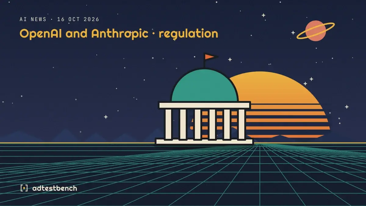 Retro-futurist illustration: a striped sunset over a grid horizon under a starry sky, with a dome motif standing on the horizon.