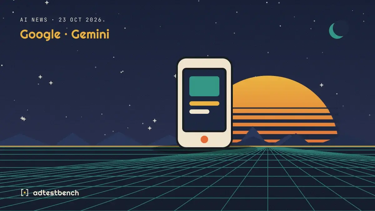 Retro-futurist illustration: a striped sunset over a grid horizon under a starry sky, with a smartphone showing an app standing on the horizon.