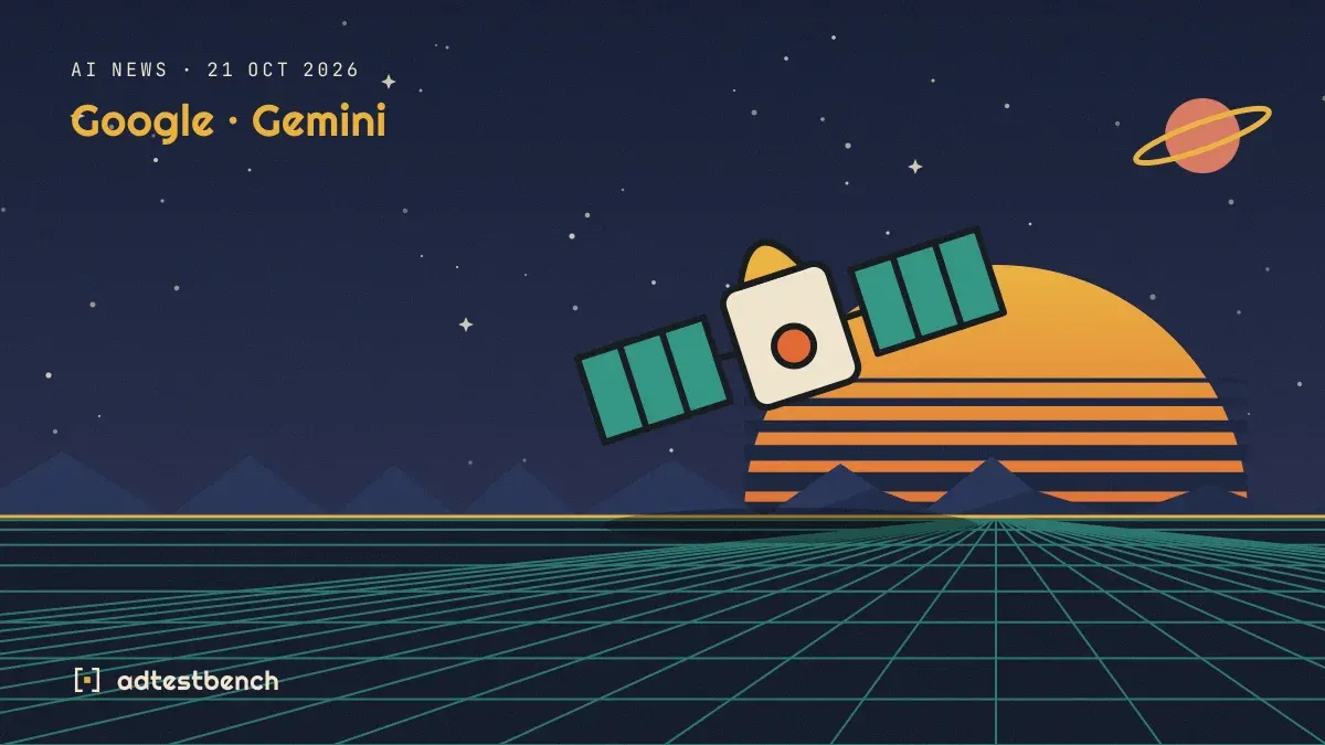 Retro-futurist illustration: a striped sunset over a grid horizon under a starry sky, with a satellite motif standing on the horizon.