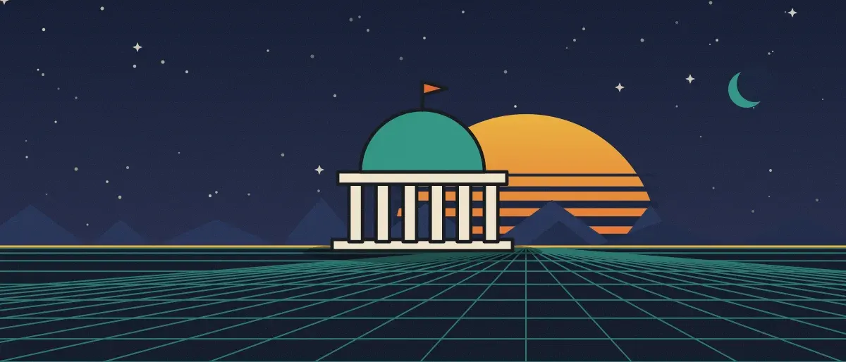 Retro-futurist illustration: a striped sunset over a teal grid horizon under a starry night sky, with a domed building with columns standing on the horizon.
