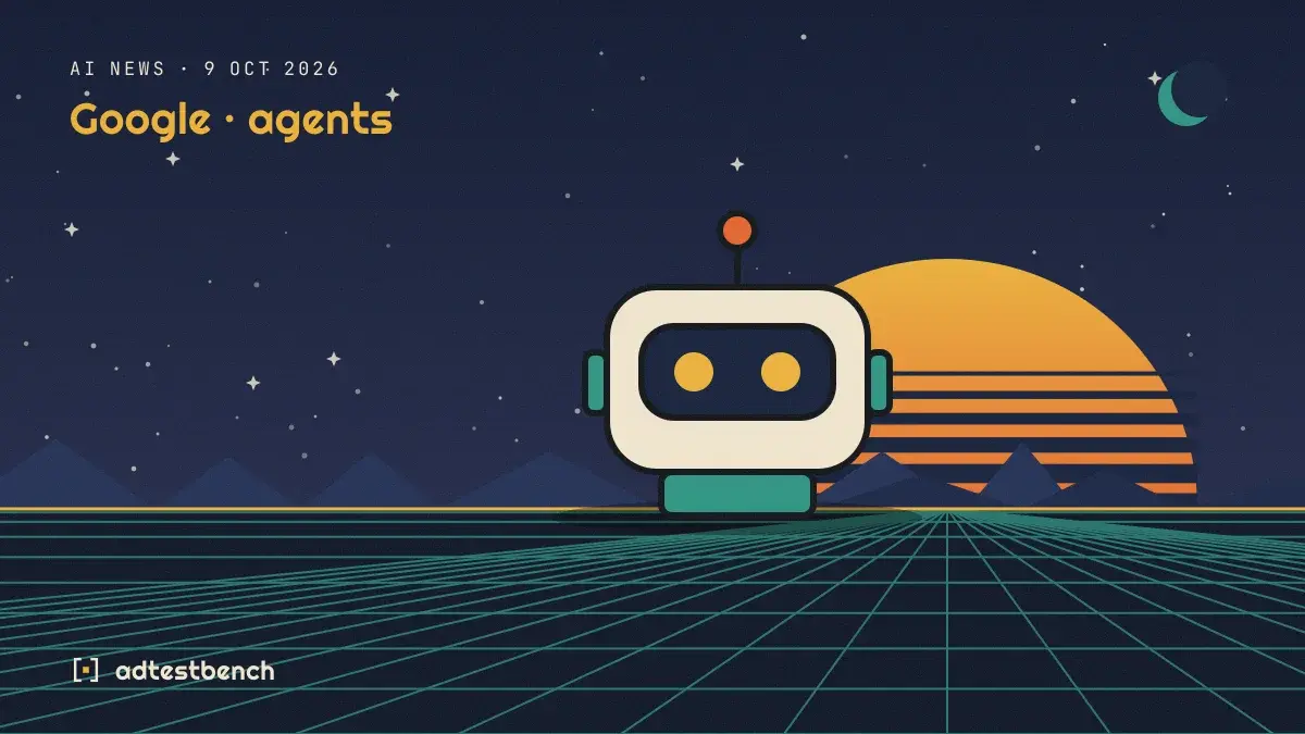 Retro-futurist illustration: a striped sunset over a grid horizon under a starry sky, with a robot standing on the horizon.