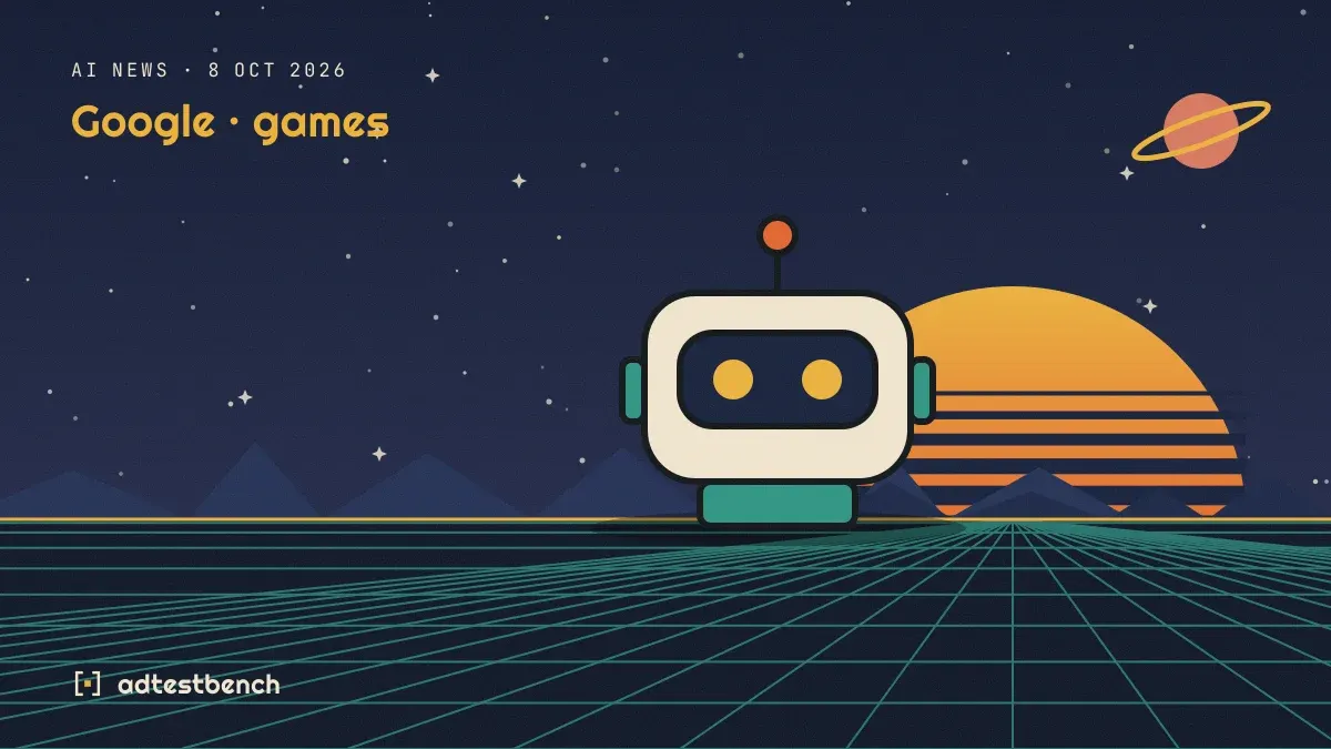 Retro-futurist illustration: a striped sunset over a grid horizon under a starry sky, with a robot standing on the horizon.