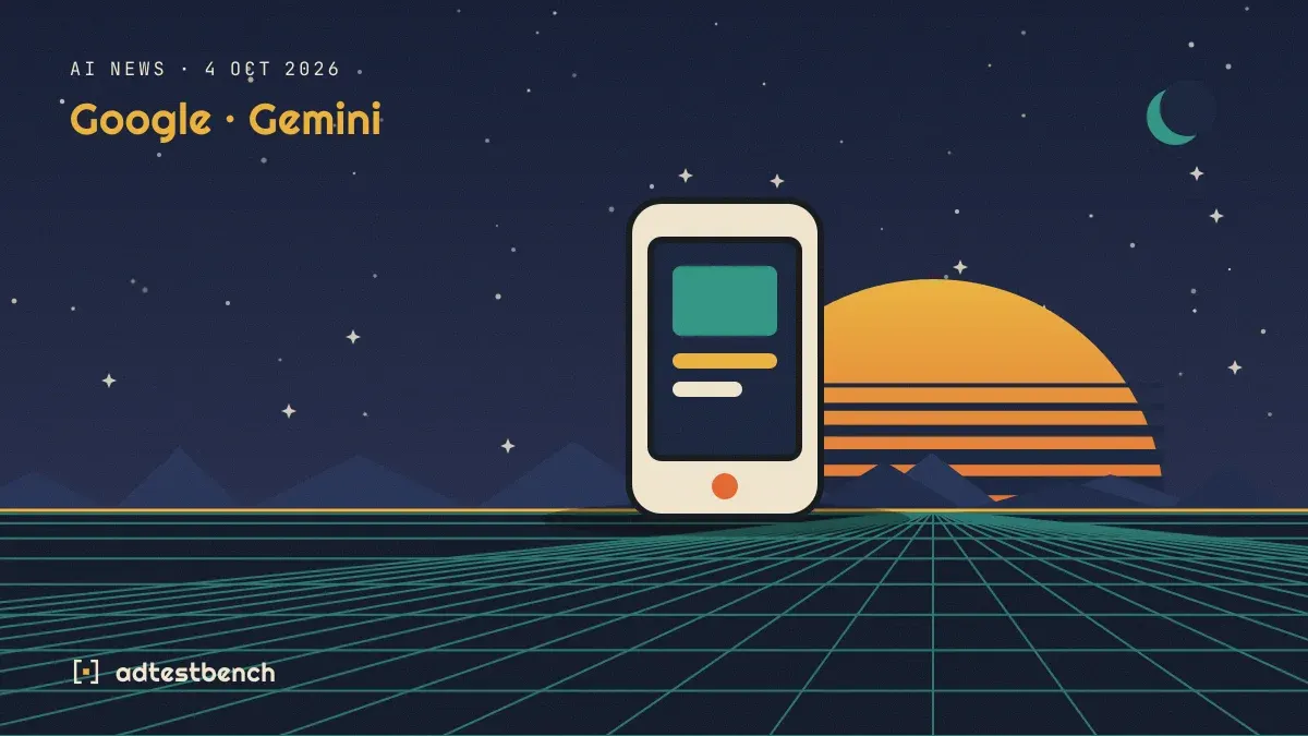 Retro-futurist illustration: a striped sunset over a grid horizon under a starry sky, with a smartphone showing an app standing on the horizon.