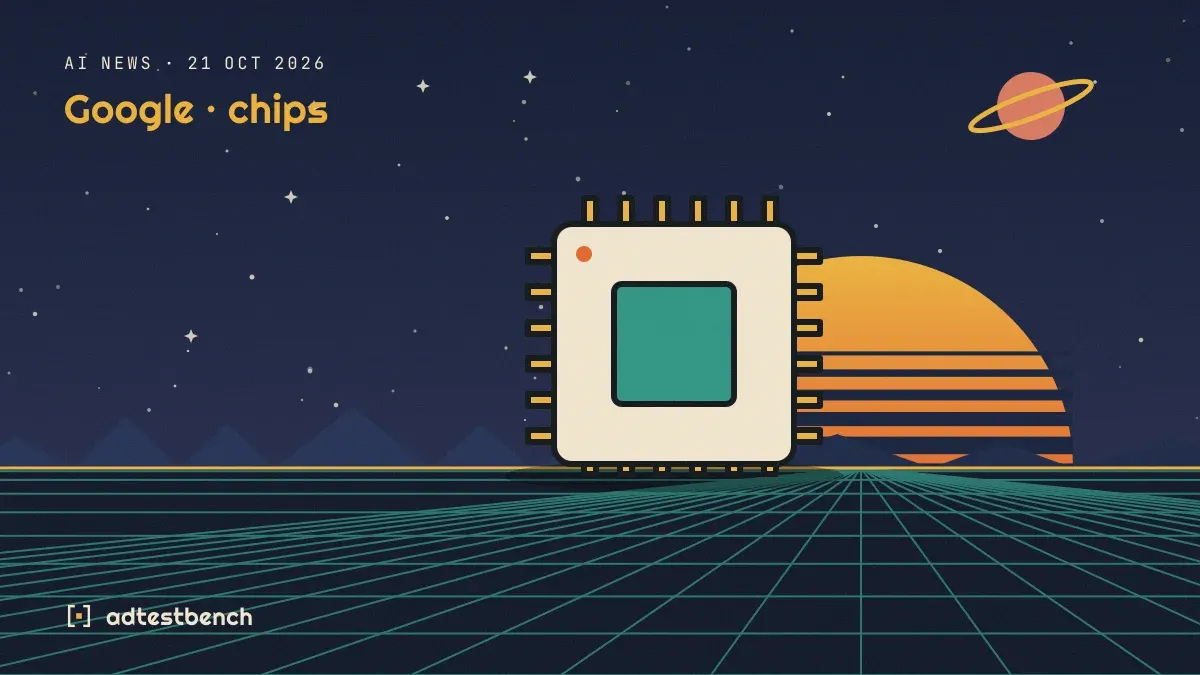 Retro-futurist illustration: a striped sunset over a grid horizon under a starry sky, with a chip motif standing on the horizon.