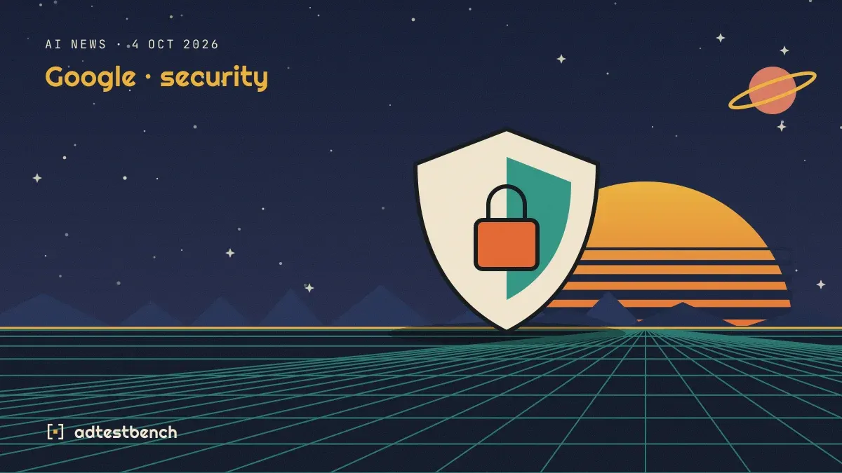 Retro-futurist illustration: a striped sunset over a grid horizon under a starry sky, with a security shield with a padlock standing on the horizon.