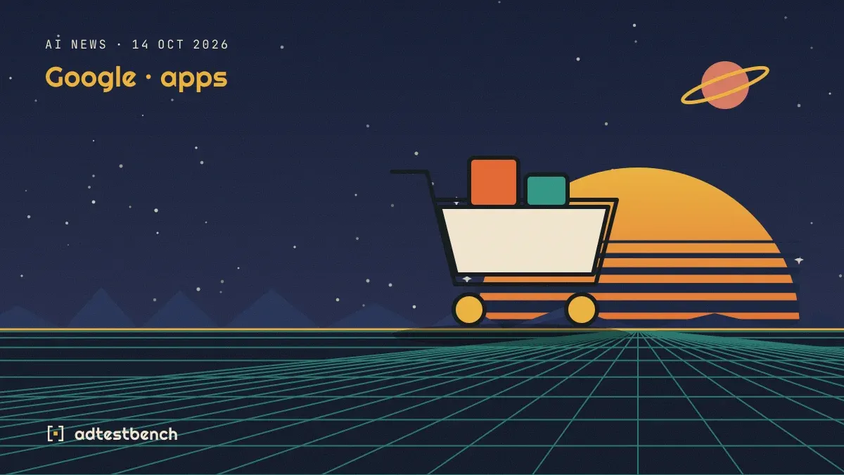Retro-futurist illustration: a striped sunset over a grid horizon under a starry sky, with a cart motif standing on the horizon.