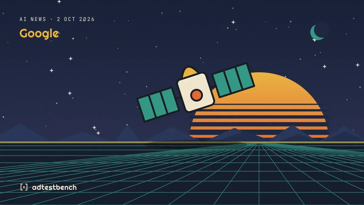 Retro-futurist illustration: a striped sunset over a grid horizon under a starry sky, with a satellite standing on the horizon.