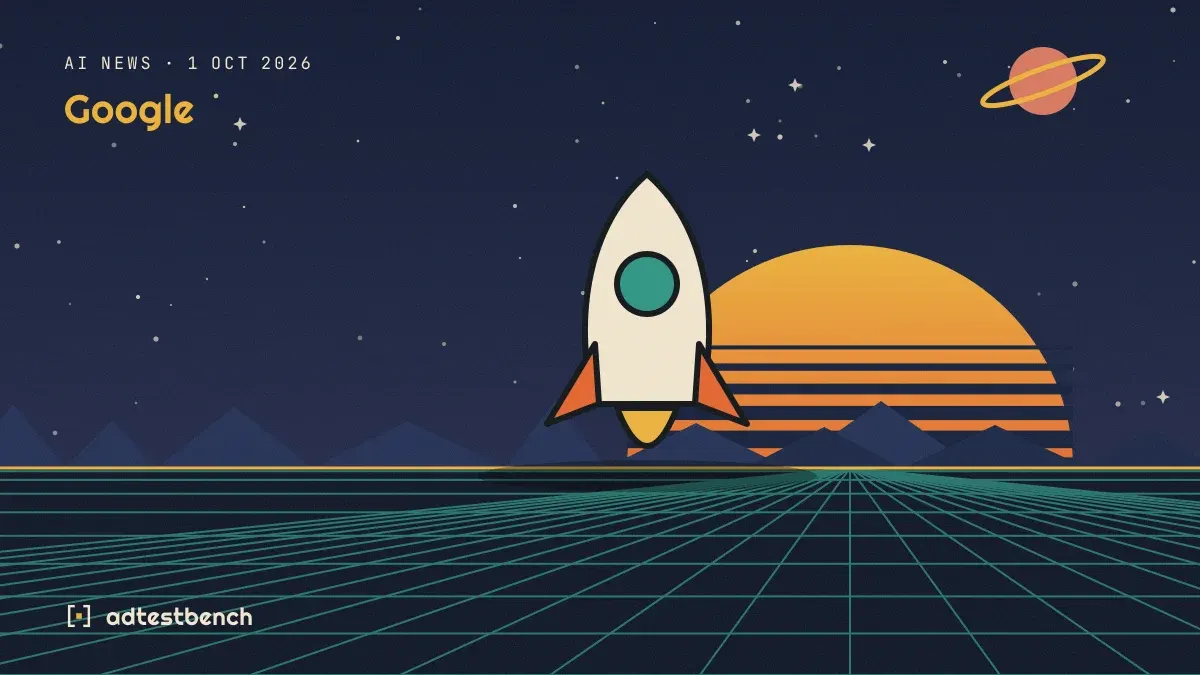 Retro-futurist illustration: a striped sunset over a grid horizon under a starry sky, with a rocket standing on the horizon.
