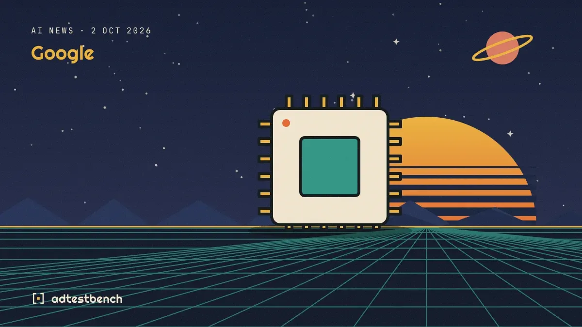 Retro-futurist illustration: a striped sunset over a grid horizon under a starry sky, with a microchip standing on the horizon.