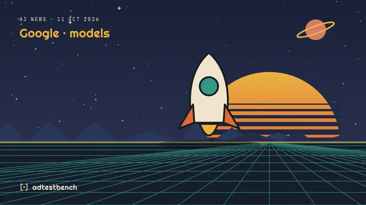 Retro-futurist illustration: a striped sunset over a grid horizon under a starry sky, with a rocket standing on the horizon.