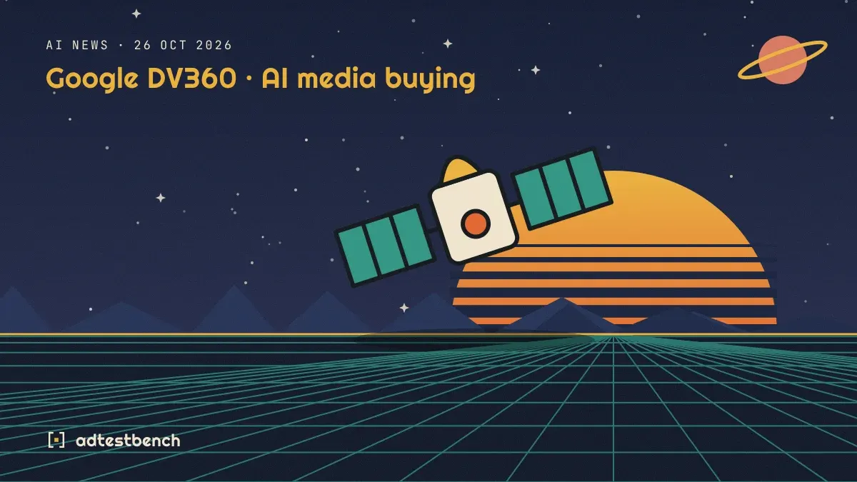 Retro-futurist illustration: a striped sunset over a grid horizon under a starry sky, with a satellite standing on the horizon.