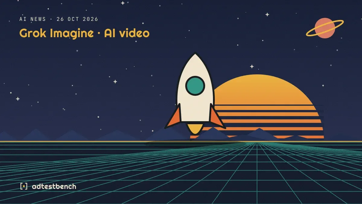 Retro-futurist illustration: a striped sunset over a grid horizon under a starry sky, with a rocket standing on the horizon.