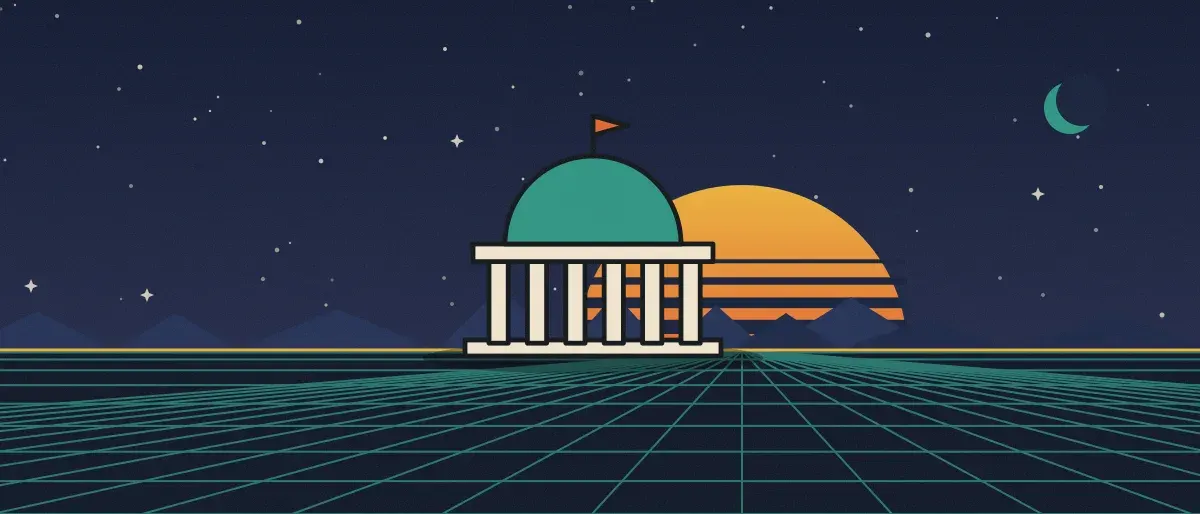 Ilustración retrofuturista: un atardecer a rayas sobre un horizonte de cuadrícula verde azulado bajo un cielo nocturno estrellado, con un edificio con cúpula y columnas en el horizonte.