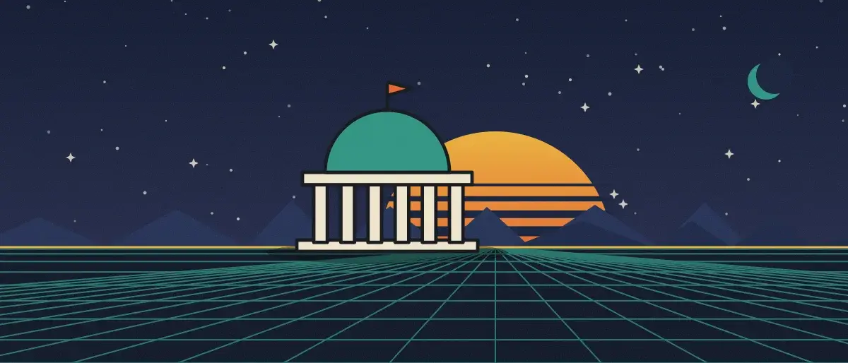 Retro-futurist illustration: a striped sunset over a teal grid horizon under a starry night sky, with a domed building with columns standing on the horizon.