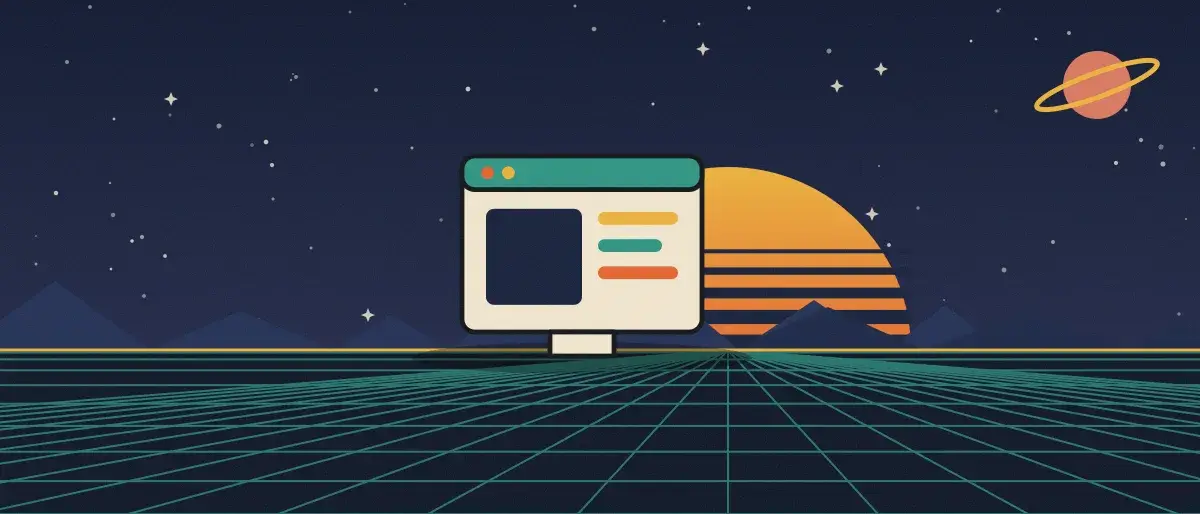 Retro-futurist illustration: a striped sunset over a teal grid horizon under a starry night sky, with an app window standing on the horizon.