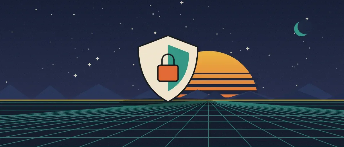 Illustration rétrofuturiste : un coucher de soleil rayé au-dessus d’une grille turquoise à l’horizon, sous un ciel étoilé, avec un bouclier à cadenas posé sur l’horizon.