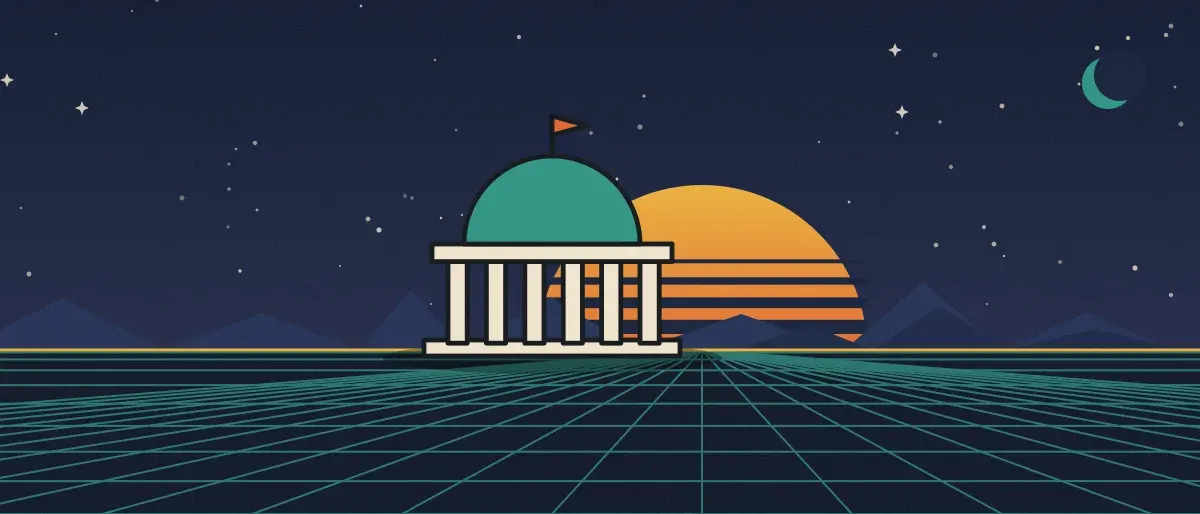 Ilustración retrofuturista: un atardecer a rayas sobre un horizonte de cuadrícula verde azulado bajo un cielo nocturno estrellado, con un edificio con cúpula y columnas en el horizonte.