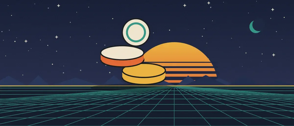 Ilustración retrofuturista: un atardecer a rayas sobre un horizonte de cuadrícula turquesa bajo un cielo nocturno estrellado, con una pila de monedas sobre el horizonte.