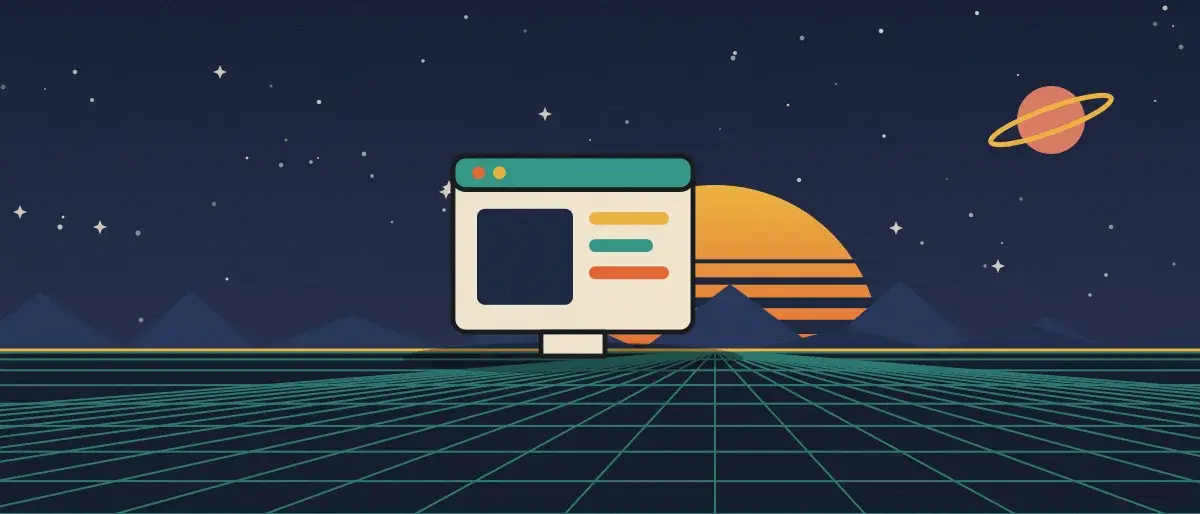 Retro-futurist illustration: a striped sunset over a teal grid horizon under a starry night sky, with an app window standing on the horizon.