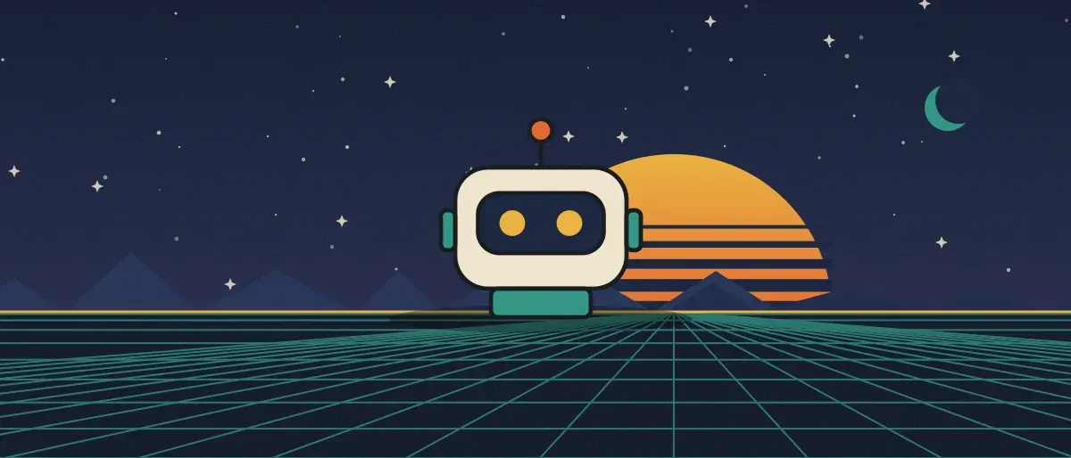 Ilustración retrofuturista: un atardecer a rayas sobre un horizonte de cuadrícula verde azulado bajo un cielo nocturno estrellado, con un robot cuadrado de pie en el horizonte.