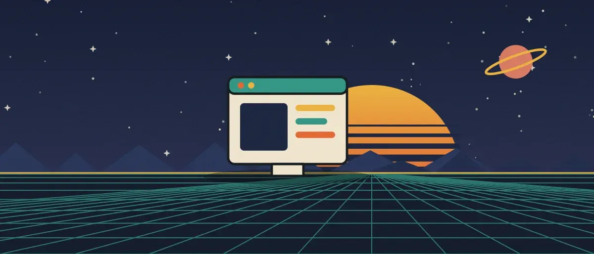 Retro-futurist illustration: a striped sunset over a teal grid horizon under a starry night sky, with an app window standing on the horizon.