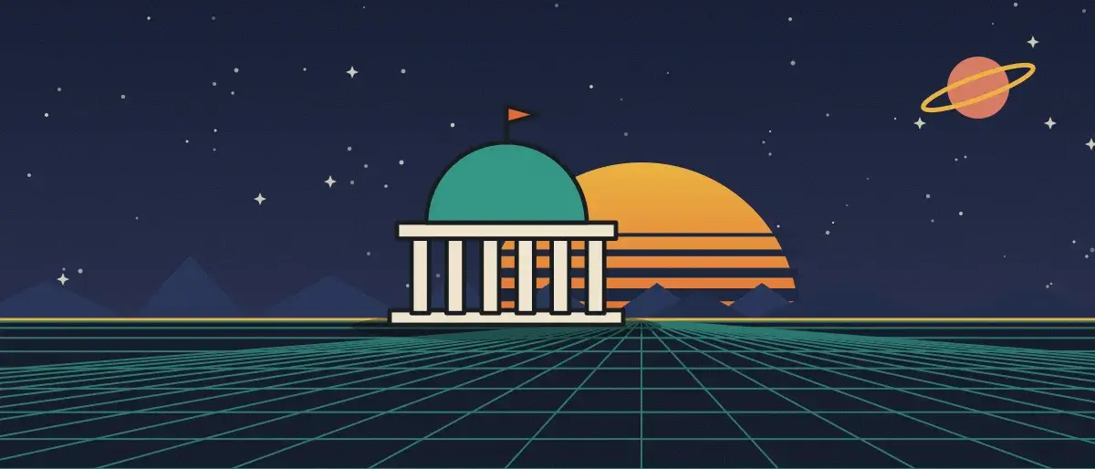 Ilustración retrofuturista: un atardecer a rayas sobre un horizonte de cuadrícula verde azulado bajo un cielo nocturno estrellado, con un edificio con cúpula y columnas en el horizonte.
