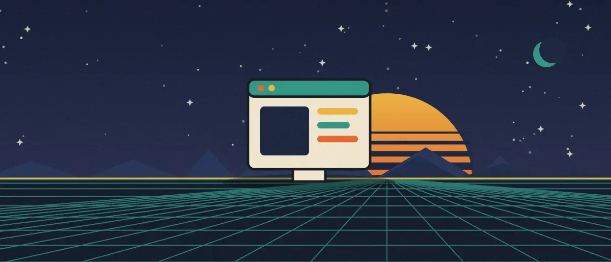Retro-futurist illustration: a striped sunset over a teal grid horizon under a starry night sky, with an app window standing on the horizon.