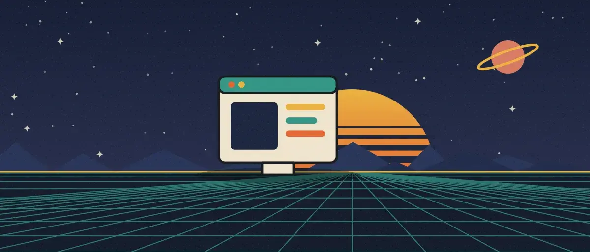 Retro-futurist illustration: a striped sunset over a teal grid horizon under a starry night sky, with an app window standing on the horizon.