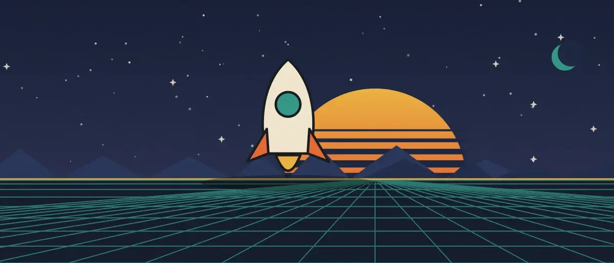 Ilustración retrofuturista: un atardecer a rayas sobre un horizonte de cuadrícula verde azulado bajo un cielo nocturno estrellado, con un cohete de pie en el horizonte.