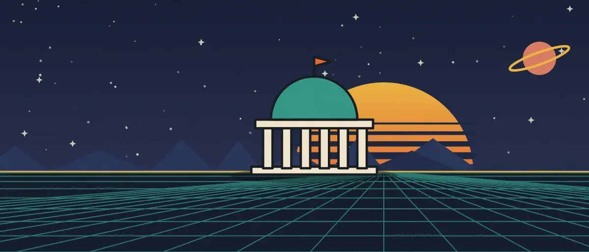 Ilustración retrofuturista: un atardecer a rayas sobre un horizonte de cuadrícula verde azulado bajo un cielo nocturno estrellado, con un edificio con cúpula y columnas en el horizonte.