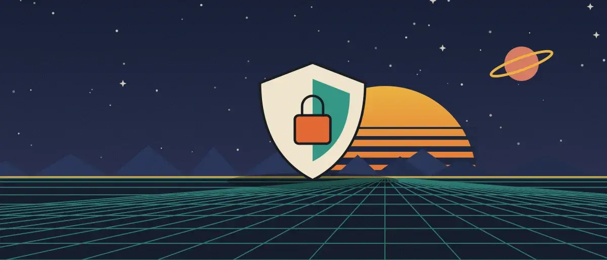 Retro-futurist illustration: a striped sunset over a teal grid horizon under a starry night sky, with a shield with a padlock standing on the horizon.